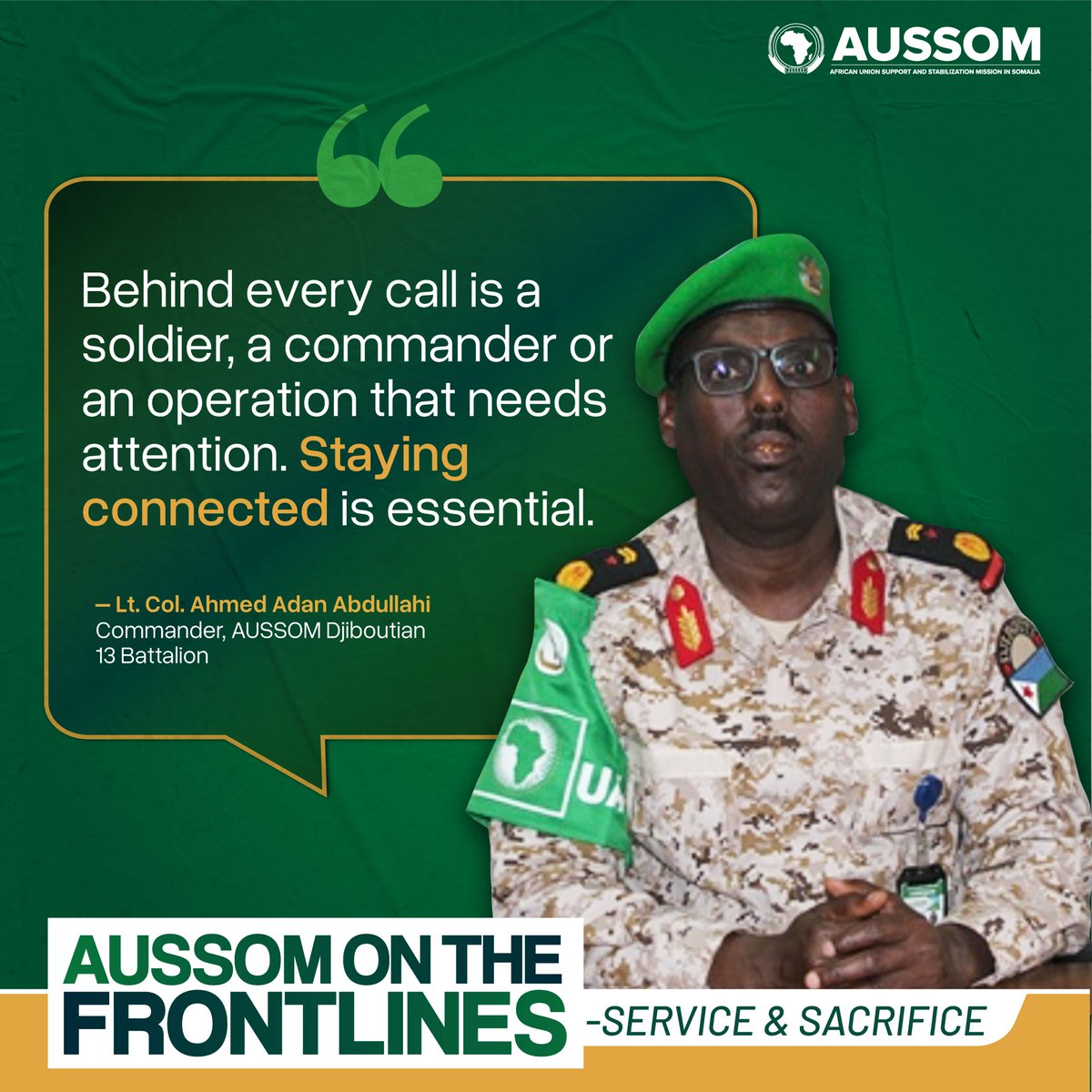 aussom_'s tweet photo. Reliable communication keeps operations connected and responsive. Lt. Col. Ahmed Adan Abdullahi reflects on why staying connected to his troops is central to leading #AUSSOM Sector 4.
#AUSSOMOnTheFrontlines #ServiceAndSacrifice https://t.co/Zi45iw5kJR