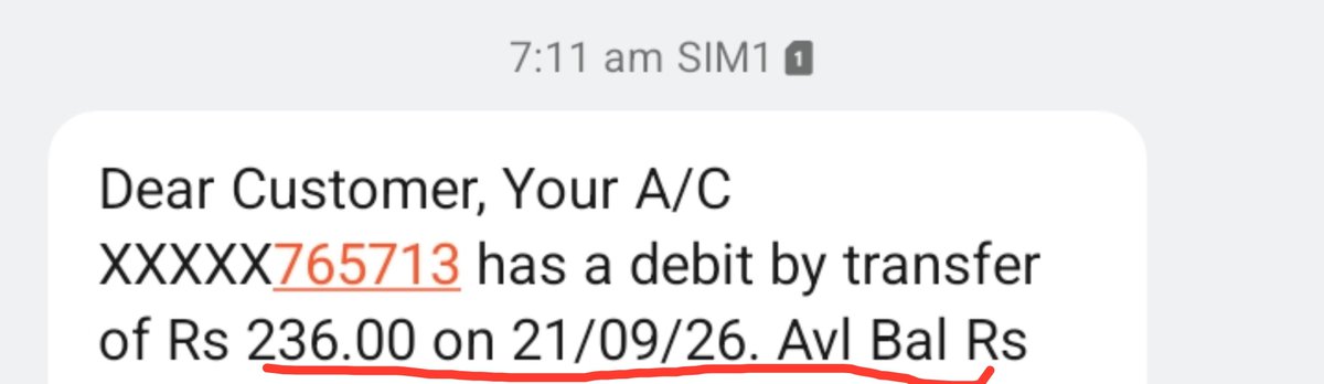 Arjun_Rajbhar10's tweet photo. 🚨 SBI खाते से ₹236 का अनधिकृत Debit — तत्काल जांच की मांग
मेरे SBI खाते XXXXX765713 से 21/09/2026 को सुबह 7:11 बजे ₹236 “debit by transfer” के रूप में काटे गए।
⚠️ मैंने आज किसी व्यक्ति/खाते को ₹236 का कोई ट्रांसफर नहीं किया है।
बैंक SMS और स्टेटमेंट में भी ₹236 Debit दिख रहा है, लेकिन किसके खाते में/किस कारण से राशि गई, इसका स्पष्ट विवरण नहीं है।
@TheOfficialSBI @OfficialSBICare कृपया इस transaction की तत्काल जांच कर ₹236 के debit का कारण, beneficiary/transaction details और UTR उपलब्ध कराएं। यदि यह अनधिकृत लेनदेन है तो आवश्यक कार्रवाई की जाए।
@RBI कृपया मामले का संज्ञान लें।
#SBI #Banking #UnauthorizedTransaction #CustomerService