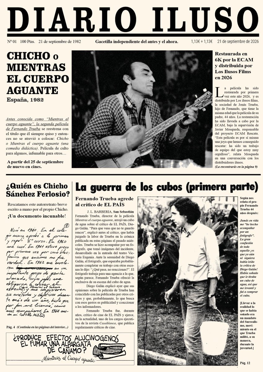 LosIlusosFilms's tweet photo. Hemos creado el DIARIO ILUSO para rememorar CHICHO o MIENTRAS EL CUERPO AGUANTE, que se estrenó un día como hoy, 21 de septiembre, en SAN SEBASTIÁN. Búscalo en los cines que proyecten “CHICHO…”:  

A partir del 25 de septiembre en salas ilusasDistribuida por @losilusosfilms https://t.co/PCx3eHyp1K