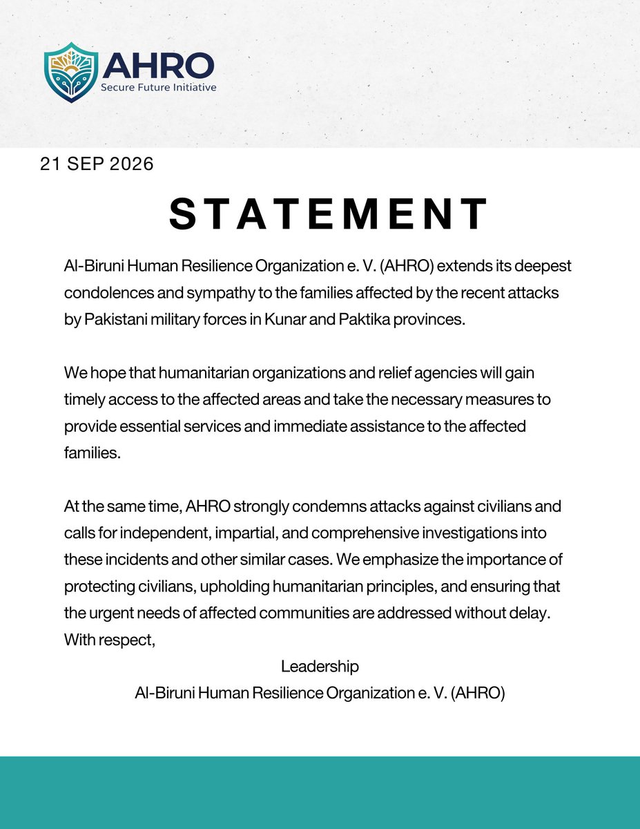 AlBiruniHRO's tweet photo. Al-Biruni Human Resilience Organization e. V. (AHRO) extends its condolences to families affected by the recent attacks in Kunar and Paktika. 

We condemn attacks on civilians and call for investigations, timely humanitarian access, and urgent assistance to affected communities. https://t.co/nu3DIYXZOR