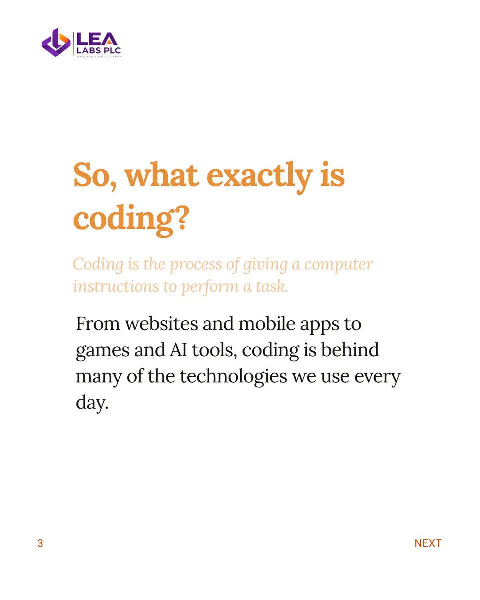 lea_labs's tweet photo. 💻 What is coding?

Simply put: coding is how we give instructions to computers.

Apps. Websites. Games. AI tools. Digital products.

Code helps turn ideas into things that work.

Swipe through our carousel to learn the basics 👇

Start curious. Keep building.

#Coding #LEALaba https://t.co/Am5U8CjB1d