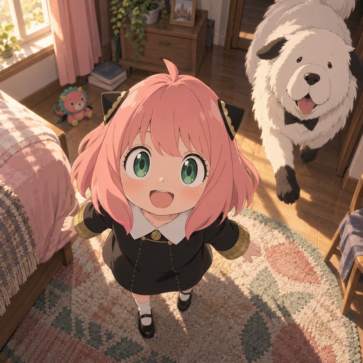 atlas_remake's tweet photo. prompt：
Use the provided first-frame image as the visual reference. Create a 10-second video in a 1:1 square format. Keep a fixed, first-person camera angle looking slightly down into the warm, sunlit bedroom. Preserve Anya’s and Bond’s appearance, the room layout, and the lighting throughout.
0–4 seconds: A hand gently enters from the bottom of the frame and pats Anya’s head. She blinks, smiles, and leans slightly into the touch. Her hair and ornaments move subtly.
4–6 seconds: The hand lifts away. Bond happily runs in from behind Anya and stops beside her, looking up at the camera and wagging his tail. Anya glances at Bond, then back at the camera.
6–10 seconds: The same hand reaches over and gently pets Bond’s head. Bond closes his eyes contentedly and keeps wagging his tail while Anya watches with a happy expression. End with both of them looking up at the camera.
Keep the motion soft and continuous, with natural hand-to-character contact and consistent character designs. No camera cuts, dialogue, subtitles, or additional characters.