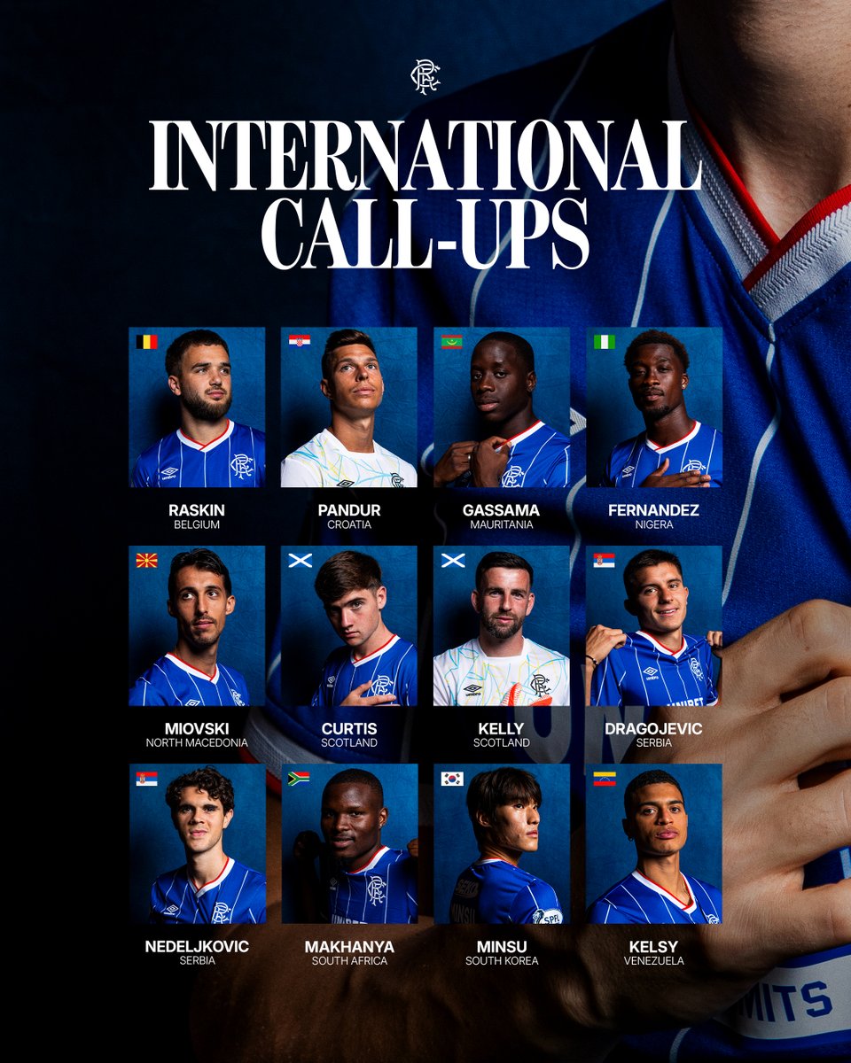 RangersFC's tweet photo. 🌍 International Gers.

👏 Congratulations to twelve of our players on being called up to represent their countries during the upcoming international break.

📅 Find out when and where the Gers will be in action.

📲 Full International Preview | https://t.co/ps0yuldtEW https://t.co/e8BZWFELB5