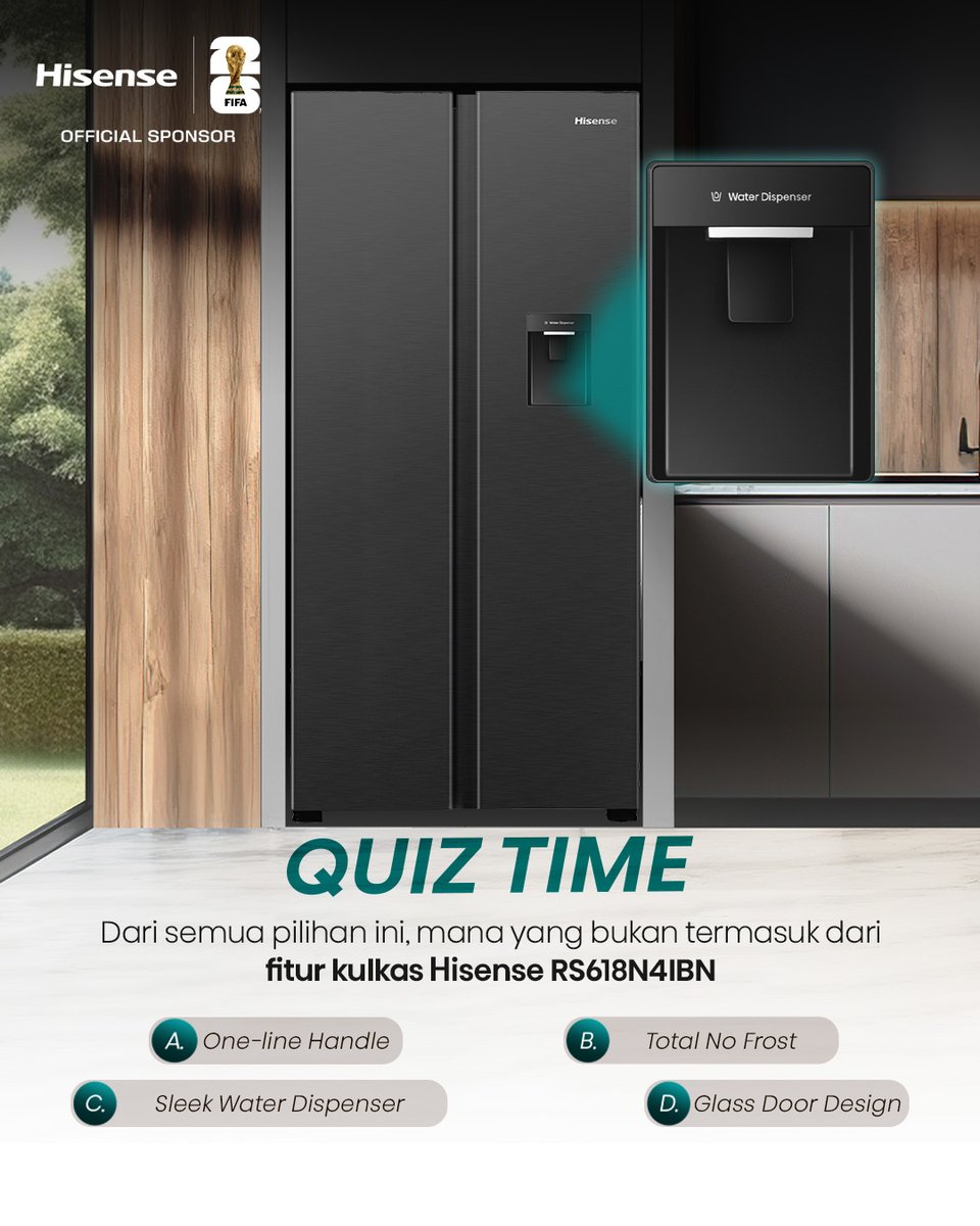 HisenseID's tweet photo. 🧠✨ QUIZ TIME! ✨🧠

Seberapa kenal kamu dengan kulkas Hisense RS618N4IBN? 👀❄️

Dari semua pilihan berikut, mana yang BUKAN termasuk fitur kulkas Hisense RS618N4IBN? 🤔👇

Jangan asal pilih, ya! 😜 https://t.co/g54KbUWgz2