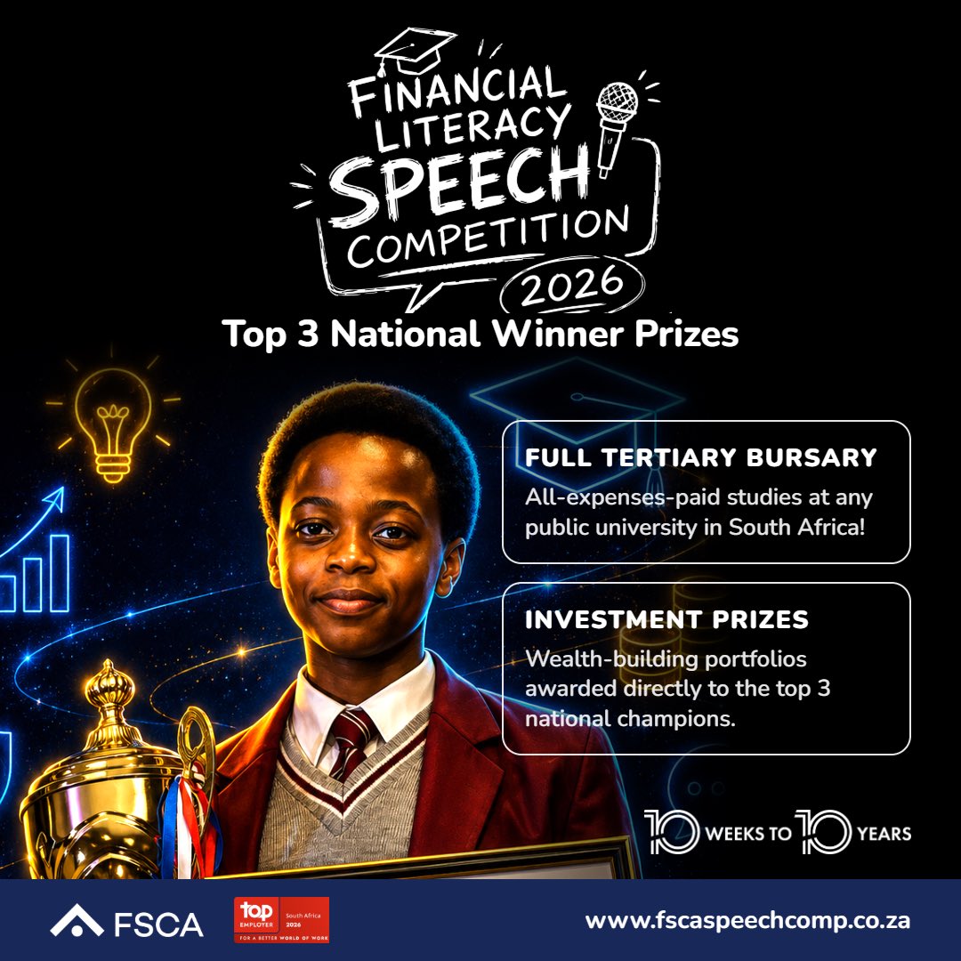 fscasouthafrica's tweet photo. The journey to the National Finals isn't just about taking the crown, it's about securing your future!

Write your speech, master your pitch, and transform your future on 9 October!

#FLSC10Years #FSLC26 #FinancialLiteracy #FutureLeaders https://t.co/iB7RqWTxX8