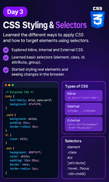 build_with_emma's tweet photo. 🚀 **Day 3 of coding
Today, I started diving deeper into **CSS fundamentals*
* The three ways to apply CSS: Inline, Internal, and External.
* Basic CSS selectors.
* How to target HTML elements and style them.
* How CSS helps transform plain HTML into visually appealing webpages. https://t.co/kI6AYC6uct