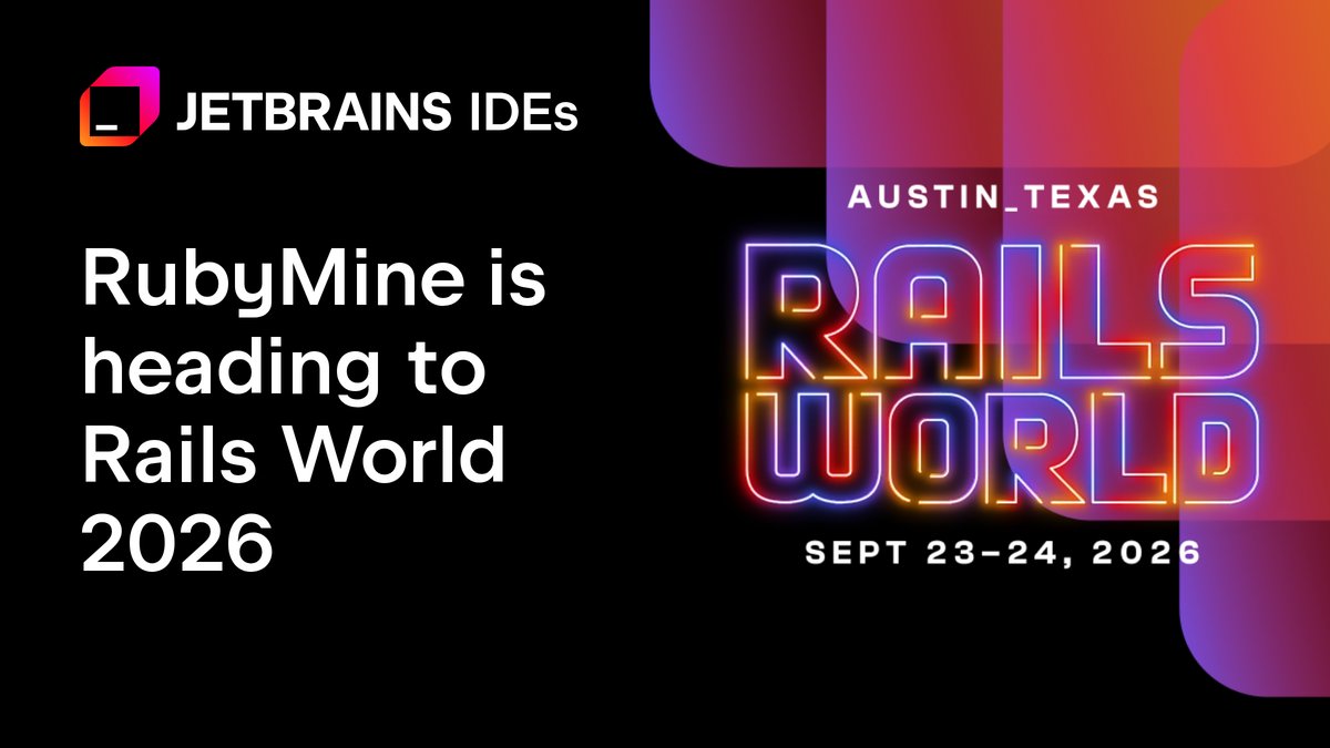 rubymine's tweet photo. RubyMine is proud to be part of Rails World 2026! Austin, we're rolling in and we're bringing news, swag, and the latest IDE updates.
Swing by our booth to:
✅Meet the RubyMine team
✅Talk shop about Rails
✅See our newest features live
👋 See you there! #RailsWorld #RubyMine #JetBrains