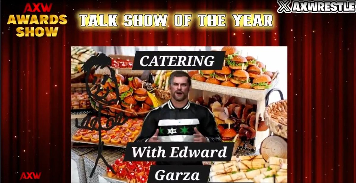 AXWrestle's tweet photo. CATERING WITH EDWARD GARZA (&amp; Derek Murphy) WINS TALK SHOW OF THE YEAR!!!

CONGRATS @EdwardJackson2k &amp; @TheBigMurph2K!!!

#AXWAwardsShow https://t.co/zWQY2EJYx4