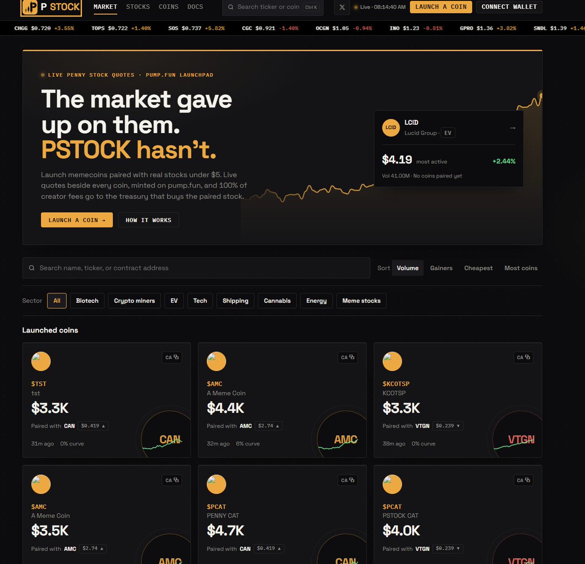 PStockMarkets's tweet photo. $STONK went from launch to nine figures in weeks by pairing memecoins with tokenized blue chips. That was the easy mode: Tesla and Nvidia don't need a crowd.

PSTOCK is pointed at the other end of the market. Stocks under $5. Thin, forgotten, no analysts, no coverage, no one watching.

These are the tickers that go up 40% on a single Reddit thread. Now every one of them can have a coin, a live quote on the same page, and a treasury that buys the shares with every trade.

The attention machine that ran $STONK is now aimed at the cheapest stocks on the board. Coins are launching. https://t.co/fqn8Lp6cKe
