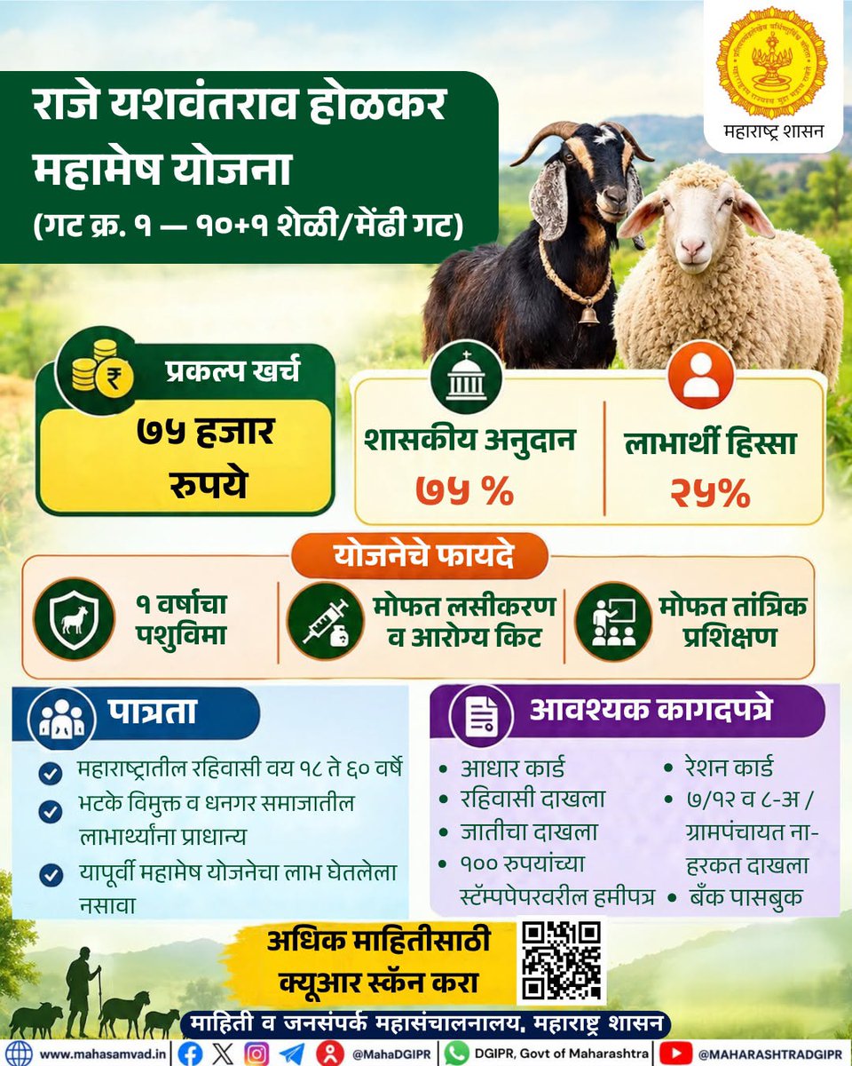 MahaDGIPR's tweet photo. राजे यशवंतराव होळकर महामेष योजना 

#पशुसंवर्धन #MahaDGIPR https://t.co/SUZRXrzJYz