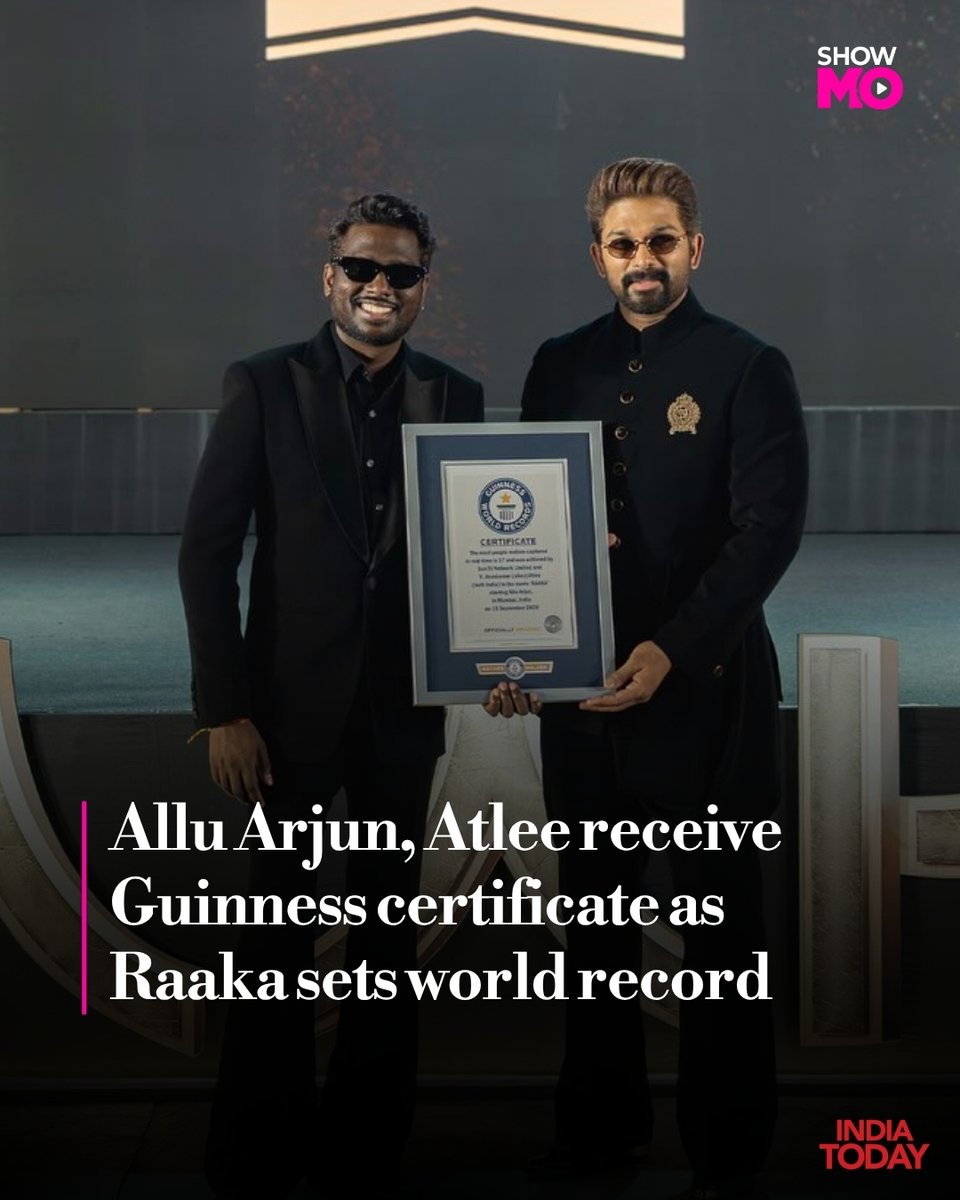 IndiaToday's tweet photo. Allu Arjun and Atlee’s upcoming film Raaka has set a Guinness World Record for the “Most People Motion-Captured in Real-Time”. A total of 37 performers were captured simultaneously, with Allu Arjun and Atlee receiving the Guinness World Records certificate.

#Raaka #AlluArjun #Atlee #GuinnessWorldRecords #IndianCinema #ShowMO