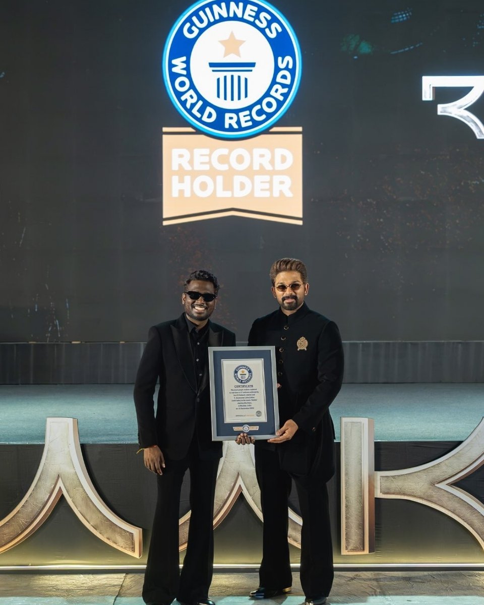 IndiaToday's tweet photo. Allu Arjun and Atlee’s upcoming film Raaka has set a Guinness World Record for the “Most People Motion-Captured in Real-Time”. A total of 37 performers were captured simultaneously, with Allu Arjun and Atlee receiving the Guinness World Records certificate.

#Raaka #AlluArjun #Atlee #GuinnessWorldRecords #IndianCinema #ShowMO