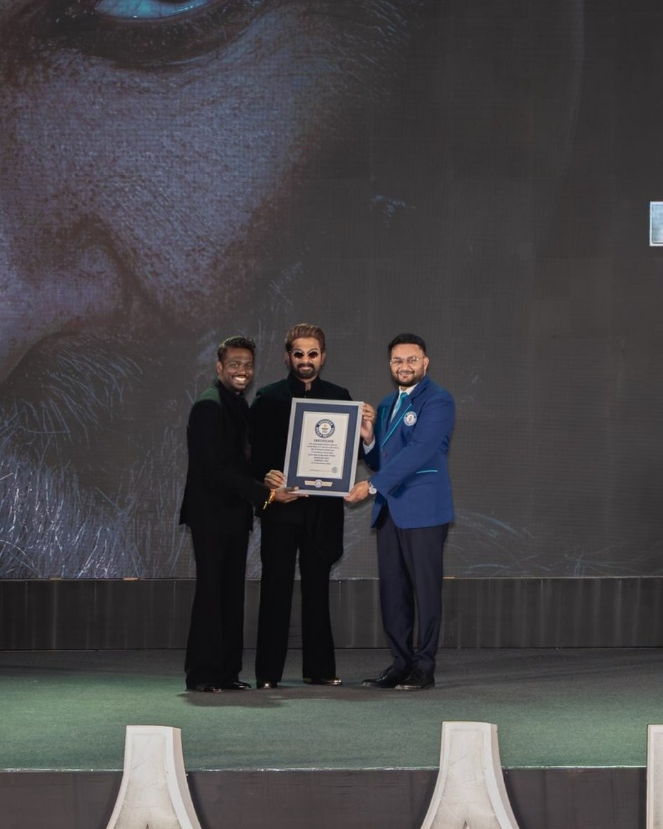 IndiaToday's tweet photo. Allu Arjun and Atlee’s upcoming film Raaka has set a Guinness World Record for the “Most People Motion-Captured in Real-Time”. A total of 37 performers were captured simultaneously, with Allu Arjun and Atlee receiving the Guinness World Records certificate.

#Raaka #AlluArjun #Atlee #GuinnessWorldRecords #IndianCinema #ShowMO