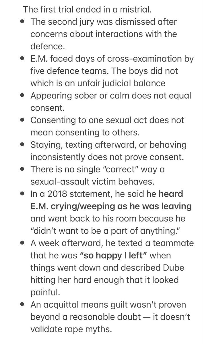 lrm236's tweet photo. @HamelinRene @chrismurp55 @angryirishmac @zjlaing Posts like this turn an extraordinarily complicated SA trial into a checklist of “proof” E.M. was lying. The first trial ended in a mistrial. The replacement jury was later dismissed after concerns involving the defence. Context matters. Don’t perpetuate rape myths https://t.co/PZ5Inh6TKl