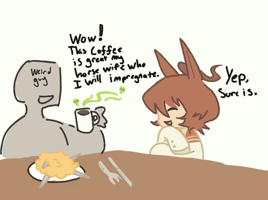 W1reds0up's tweet photo. Umamusume Housewife au where the horse drugs her husbands coffee then runs away with a lesbian horse once he dies https://t.co/Fy7P1peUT2
