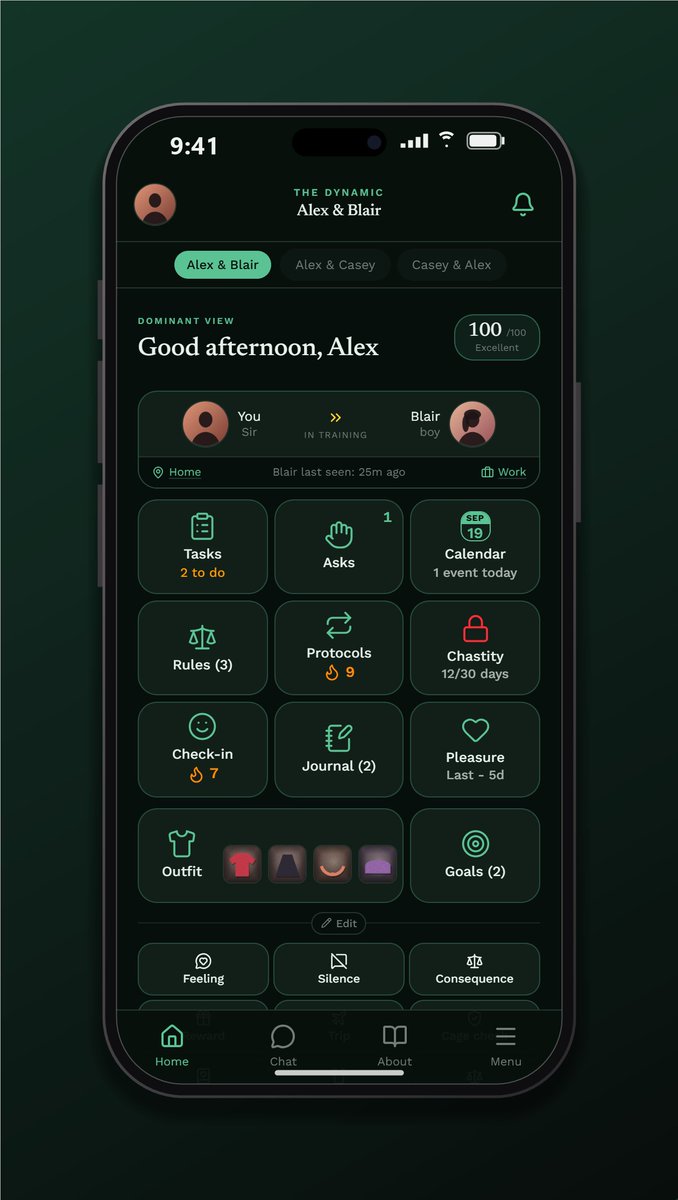 MyDynamicApp's tweet photo. Five colour themes. One home screen. 🖤

Rust, Indigo, Emerald, Plum or Slate: pick the one that feels like your dynamic, and drag the tiles into the order you actually use.

#kink #BDSM #DomSub #Dynamic https://t.co/oeKfUck0WM