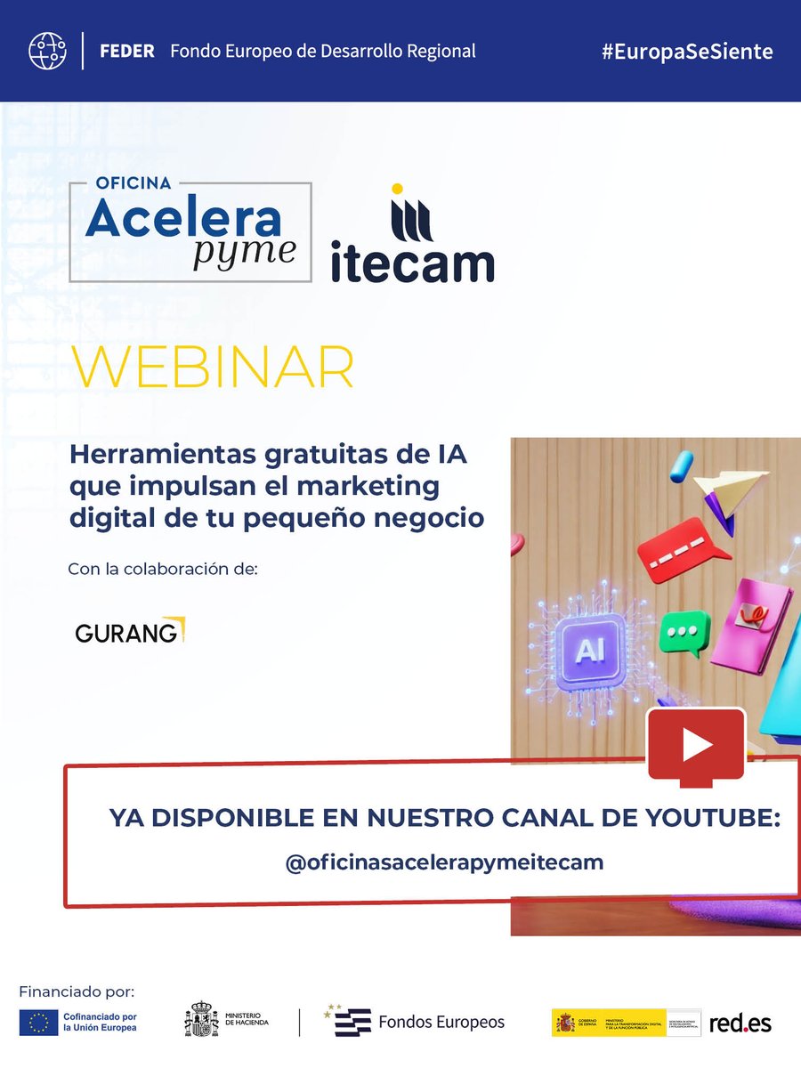 itecam_CT's tweet photo. 🧐 ¿Te perdiste nuestro webinar sobre IA y marketing digital? ¡Ahora puedes volver a verlo!

Dentro de la programación de la Semana de la IA de https://t.co/6PcX8mxuIM, desde la Oficina @Acelerapyme  de #Itecam en #CiudadReal os invitamos a descubrir el webinar “Herramientas gratuitas de IA que impulsan el marketing digital de tu pequeño negocio”.

De la mano de Verónica Pancorbo, consultora de IA aplicada al negocio, analizamos ejemplos y aplicaciones para la creación de contenido de redes sociales, textos que capten la atención del cliente y diferentes ideas para organizar la estrategia de #marketing.

🎥 Si no pudiste asistir en directo, ¡no te preocupes! Ahora puedes volver a verlo completo en nuestro canal de YouTube: https://t.co/4tKveHB5wm

📌 Y no olvides:
➡️ Suscríbete GRATIS a nuestro canal.
➡️ Activa la 🔔 para no perderte próximos contenidos para tu negocio: https://t.co/fOY2hOtqgP

@redpuntoes  @Acelerapyme 

#FEDER #OficinasAcelerapyme #Acelerapyme #TransformacionDigital #EuropaSeSiente #SemanaDeLaIA