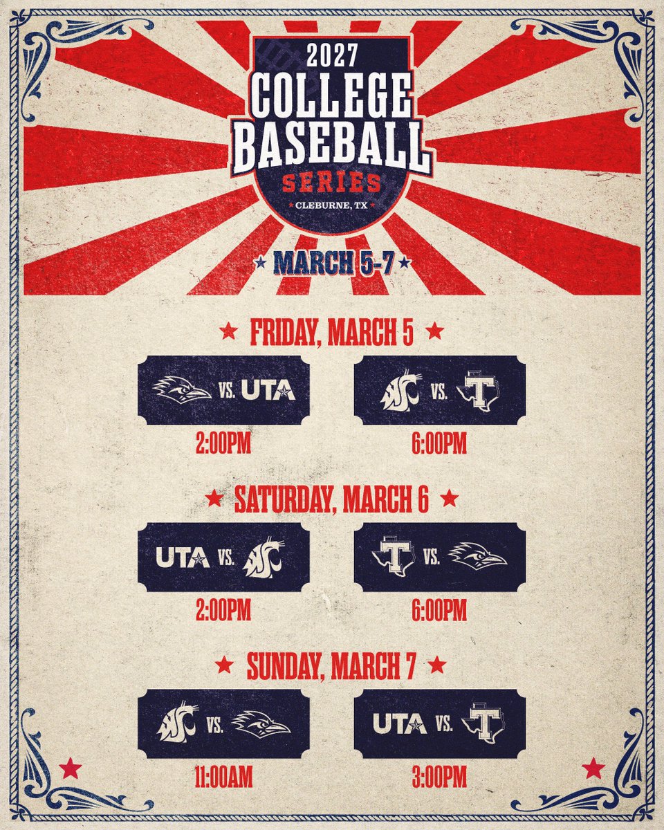 CBS_Cleburne's tweet photo. CLEBURNE, LET'S PLAY BALL⚾️💥

The 2027 College Baseball Series schedule is set!

Tickets are on sale now‼️Secure yours today⬇️
🎟️🔗: https://t.co/oAUC01dCM2 https://t.co/4PUblrVW6g