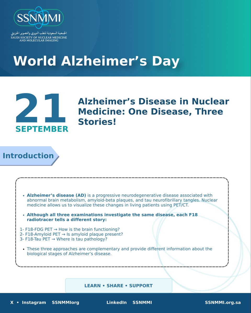 SSNMMIorg's tweet photo. World Alzheimer’s Day 🧠 | SSNMMI Insights

“One Disease & Three Stories 🪄”

Discover how Nuclear Medicine supports the evaluation of Alzheimer’s disease through three complementary PET approaches: ¹⁸F-FDG, ¹⁸F-Amyloid, and ¹⁸F-Tau PET, providing insights into brain function, amyloid plaques, and tau pathology.

Explore the full SSNMMI Insight and learn how molecular imaging helps us better understand Alzheimer’s disease ✨

For More Info 🔗
https://t.co/KCuYfliJZN

LEARN • SHARE • SUPPORT🧤

#WorldAlzheimersDay #SSNMMI