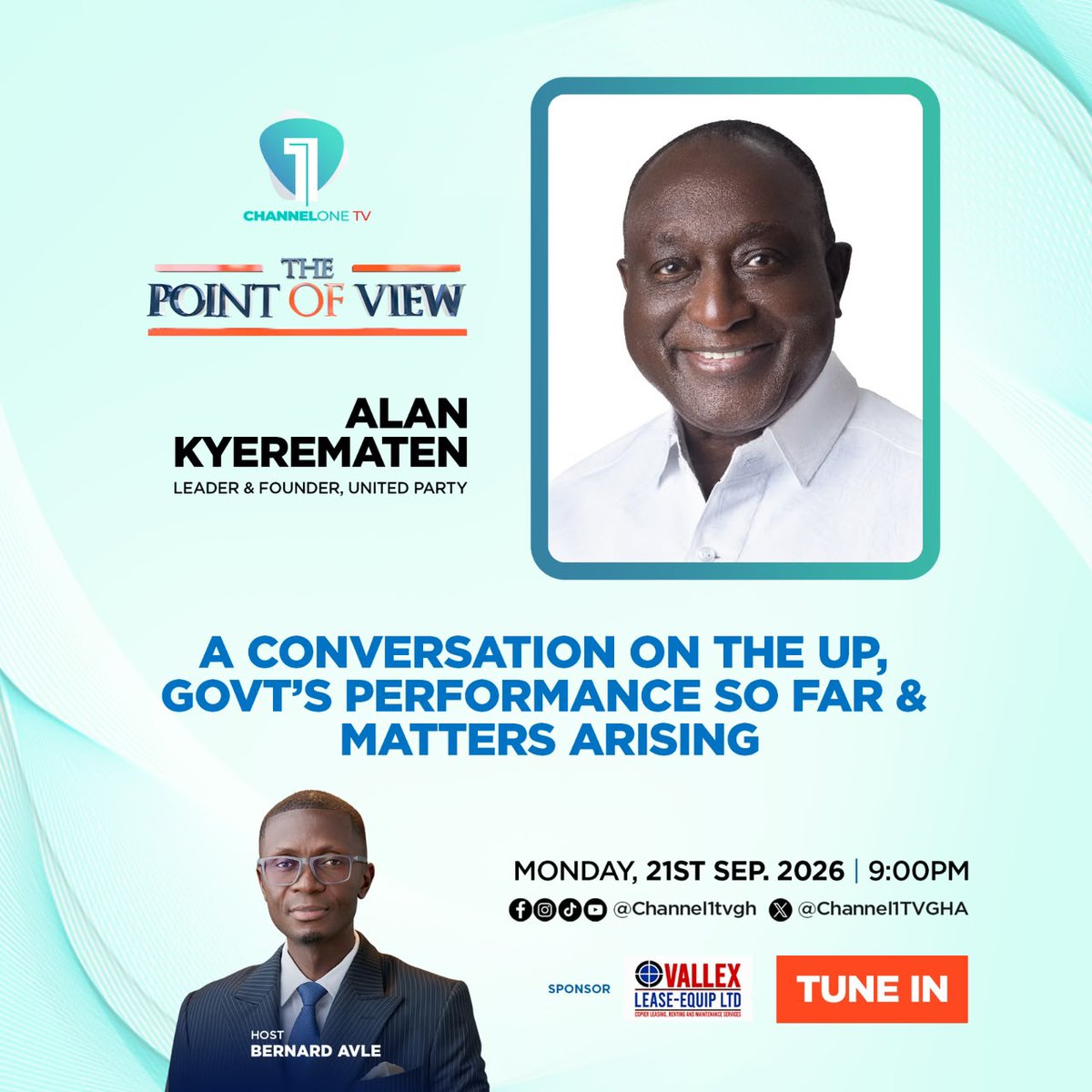 Citi973's tweet photo. Tonight on the #PointOfView on Channel One TV with Bernard Avle
United Party Leader and Founder Alan Kyerematen joins @benkoku for a conversation on the government’s performance so far, the state of the economy, governance, and key matters arising.
The show airs at exactly 9pm