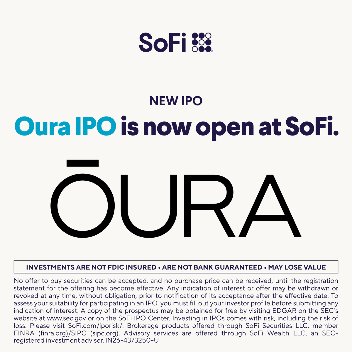 SoFi's tweet photo. SoFi Invest® self-directed account members can explore details about the offering for Oura Inc. and see how to submit an IOI. Learn more at https://t.co/v7w42VnnWB. https://t.co/38oDm1ikap