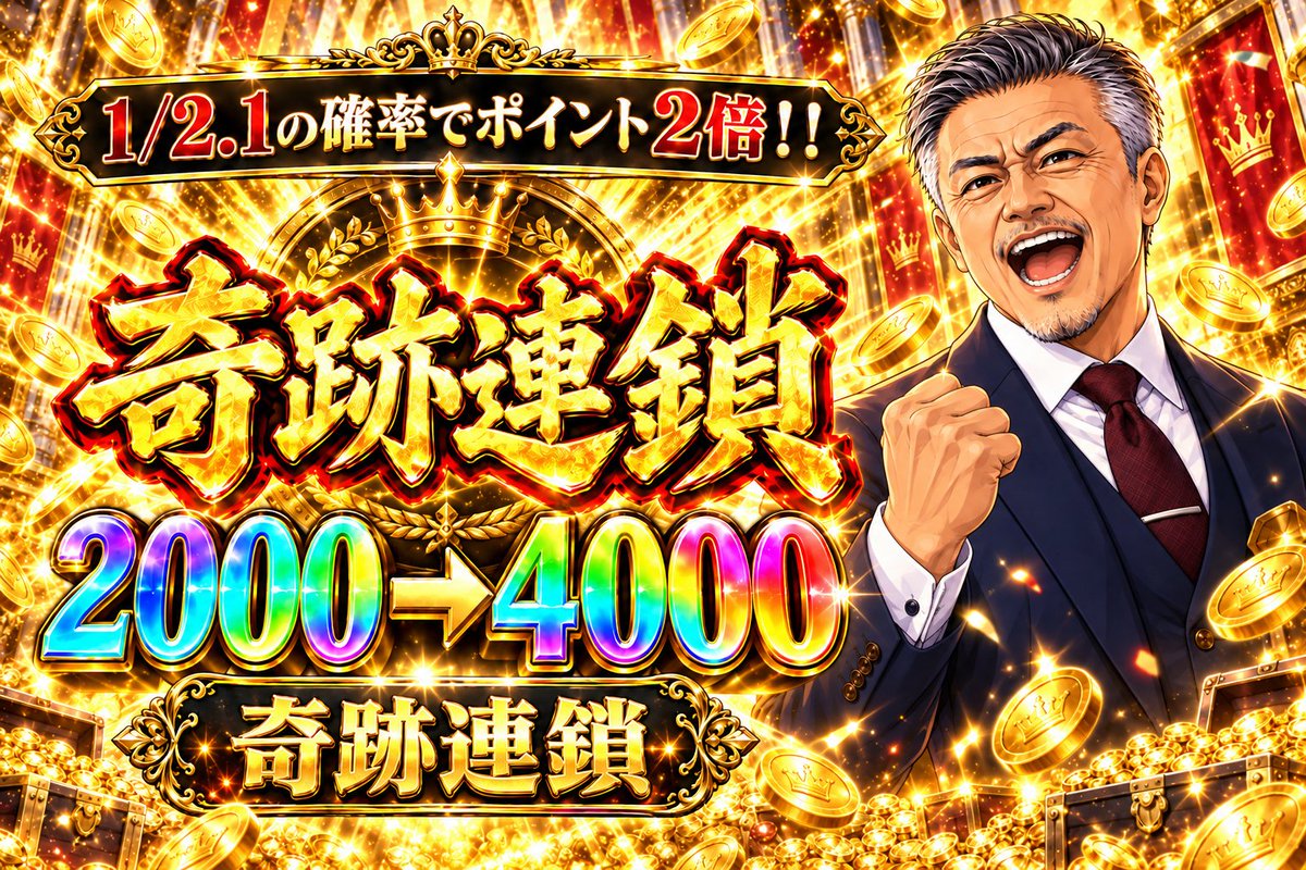 oripa_ohluck's tweet photo. オーラック「倍倍ゲーム」スタート！！

2,000→4,000→8,000→16,000→32,000PT。

すべて1/2.1の確率でポイント2倍。

4つの奇跡を連鎖させれば、2,000PTが最大16倍へ。

奇跡連鎖を掴み取るのは誰だ！！？？ https://t.co/xC1Qa4whKV