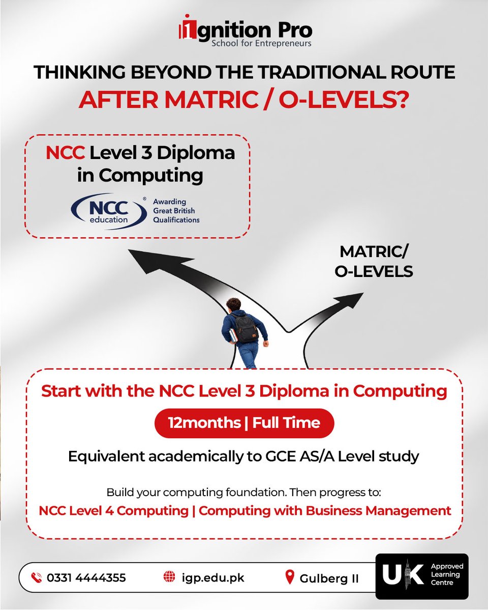 ignition_pro's tweet photo. Your next step after Matric or O Levels can take a different route.
Start with NCC Level 3 Computing, then progress to Level 4 Computing or Computing with Business Management, depending on where your interests lead.
Admissions Open.
0331 4444355
#IgnitionPro #NCC https://t.co/Z22m8LOSti