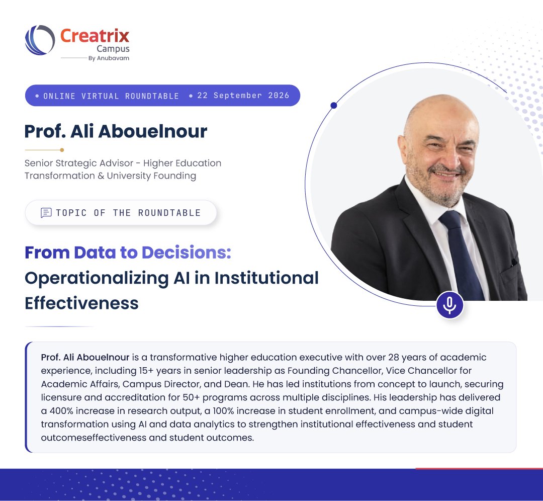 creatrixcampus's tweet photo. Institutional transformation depends on turning data, AI, and digital systems into better decisions. Looking forward to our UAE higher education roundtable with Prof. Ali Abouelnour on 22 September 2026.
#CreatrixCampus #UAEHigherEducation #creatrixcampusroundtable https://t.co/ceV78w26jz