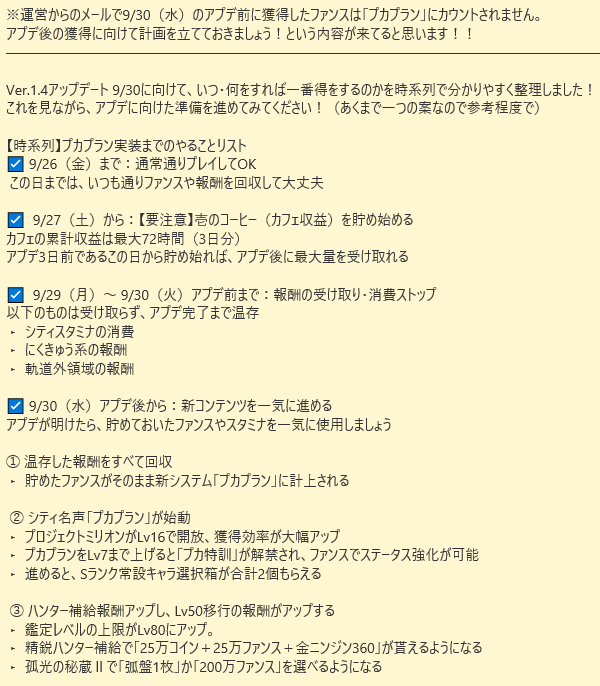 pan_nte's tweet photo. 【情報共有】
運営からのメールで9/30（水）のアプデ前に獲得したファンスは「プカプラン」にカウントされません。
アプデ後の獲得に向けて計画を立てておきましょう！という内容が来てます！！

Ver.1.4アプデ 9/30に向けて、いつ・何をすれば一番得をするのかを時系列で分かりやすく整理しました!
これを見ながら、アプデに向けた準備を進めてみてください！（あくまで一つの案なので参考程度で）
#NTE #NTEcreator #プカプラン