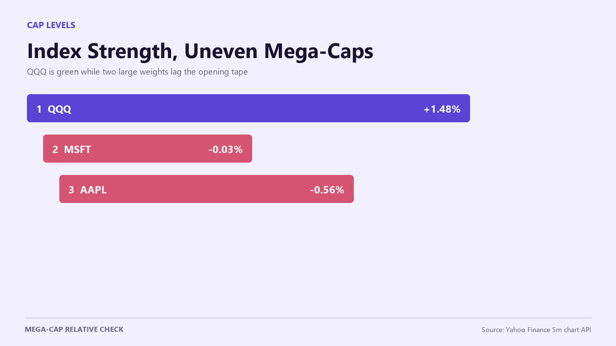 JonathanReed56's tweet photo. QQQ's strong open is not a uniform mega-cap move. Shortly after the first 15 minutes, QQQ was +1.48% versus Friday, while $MSFT was roughly flat (-0.03%) and $AAPL was -0.56%. Index leadership can coexist with weak participation from individual heavyweights. https://t.co/JptFjW2pjP