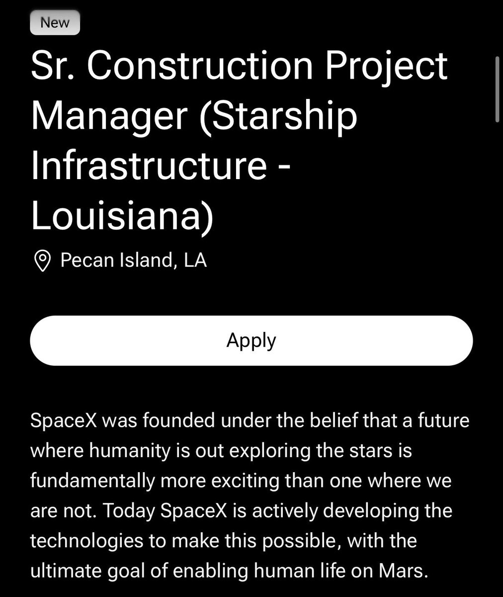 LunarCitizens's tweet photo. SpaceX is hiring a Senior Construction Project Manager for Starbase Louisiana.

The role will run on-site construction, contractors, safety, quality, schedule, and budget. It starts at Starbase, Texas, then relocates to Louisiana in early 2027.

The Government Affairs Manager position is still open, so they likely have not found the right person yet.