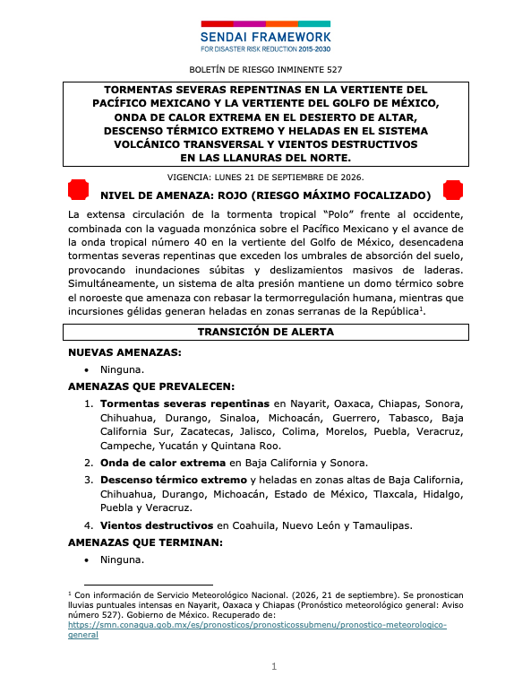 siempreinexorab's tweet photo. Boletín de Riesgo Inminente 527 para México
Nivel de Amenaza: Rojo (riesgo máximo focalizado)
Vigencia: lunes 21 de septiembre de 2026
Sendai Framework #EW4All - Impact Based Forecast #IBF
@SSPCNay @CEPCYGR_GobOax @pcivilchiapas @cepcsonora @CEPC_Chih @CEPCDurango (hilo) https://t.co/GzQoUf1gnZ