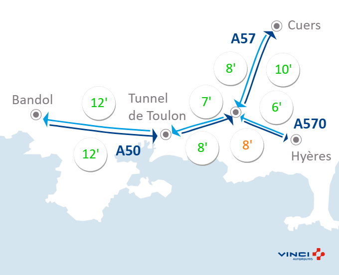 TunnelToulon's tweet photo. Informez-vous avant de prendre la route, pour #BienVoyager. 🚗#Infotrafic à 16h30 ⏱️Vos temps de parcours dans le #TunneldeToulon et sur #A57, #A50 et #A570, entre #Cuers, #Toulon, #Hyeres et #Bandol. #BienVoyager https://t.co/WvpbWrV62V