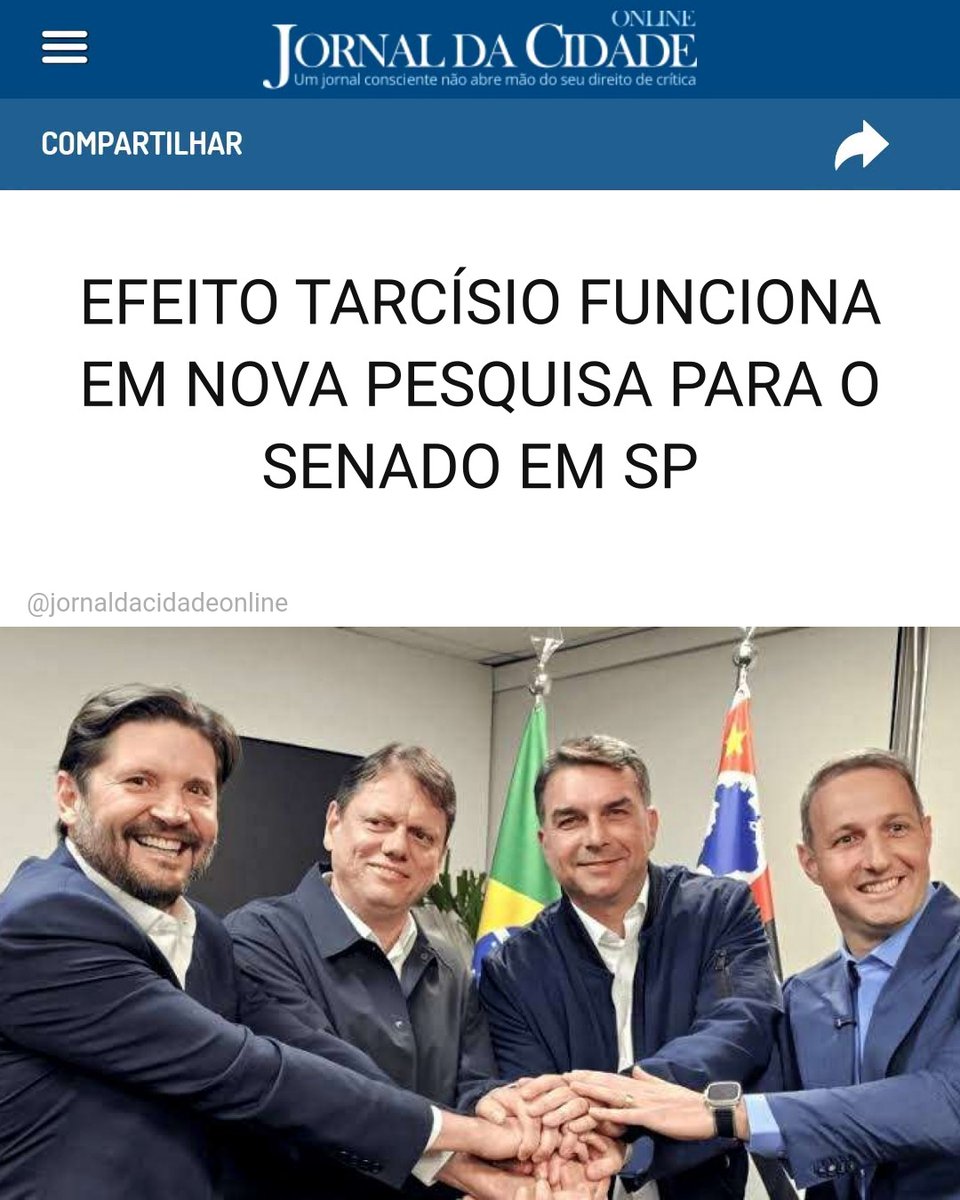 JornalDaCidadeO's tweet photo. EFEITO TARCÍSIO FUNCIONA EM NOVA PESQUISA PARA O SENADO EM SP

A força do governador Tarcísio de Freitas será decisiva na eleição para o Senado em São Paulo.

Com a reeleição praticamente assegurada no 1º turno contra o cambaleante poste de Lula, o governador deve intensificar nesta reta final o seu apoio a Guilherme Derrite e André do Prado.

A pesquisa Real Time Big Data divulgada nesta segunda-feira (21) já desenha um novo cenário. Eis os números:

Derrite aparece com 20% das intenções de voto, seguido por André do Prado, com 18%, Simone Tebet, com 17% e Marina Silva (Rede) na quarta colocação, com 14% das intenções de voto.

Ricardo Salles (Novo) aparece com 9%, Soninha Francine (Cidadania), com 3%, Guto Schiavetto (Missão) e Geraldo Rufino (Podemos) somam 2% cada. Nulos e brancos são 6% das respostas dos entrevistados, enquanto 7% não souberam ou não responderam.

Nos próximos dias, os dois candidatos apoiados por Tarcísio devem deslanchar na liderança e garantir a vitória.

Matéria do Jornal da Cidade Online
