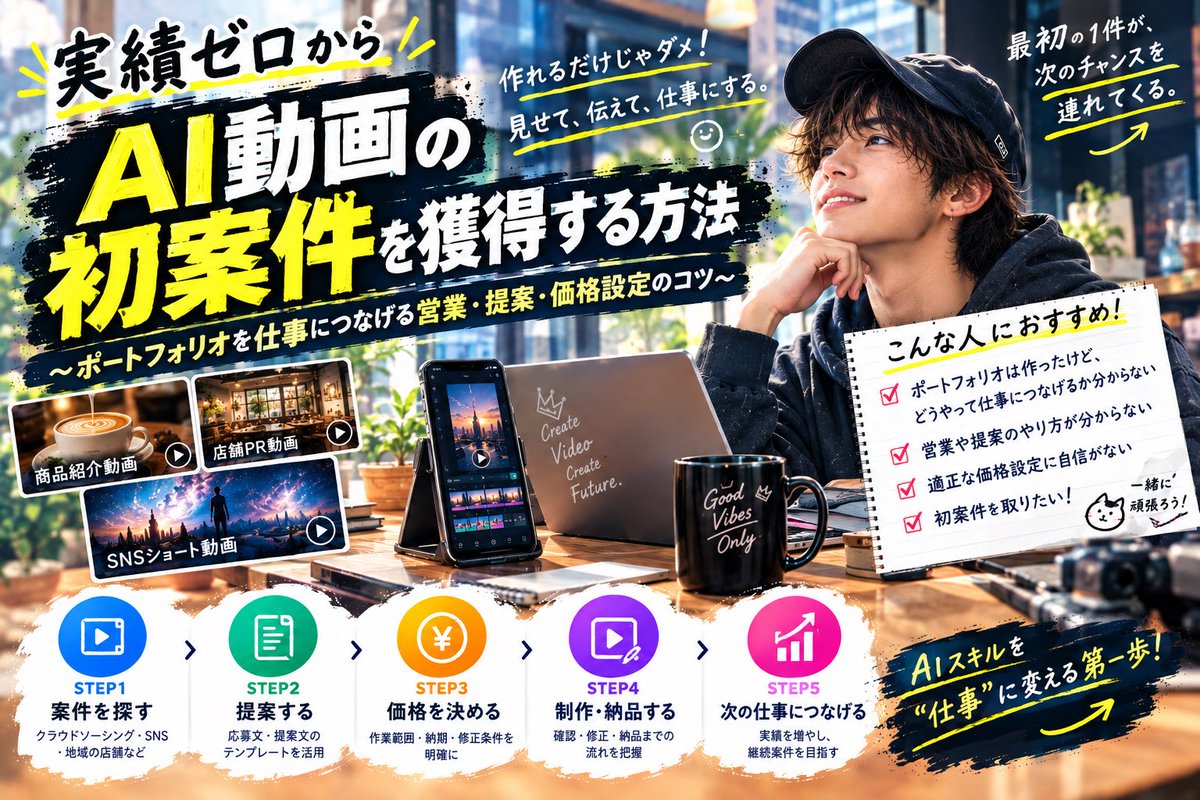 o6yrj's tweet photo. AI動画を作れるようになった。
でも、そこから仕事にするのが意外と難しい。
ポートフォリオを作って終わりじゃなく、
次は「どう提案して、どう初案件につなげるか」。
今回のnoteでは、実績ゼロからAI動画の仕事を目指すための営業方法や応募文、価格設定、納品までをまとめました📱
最初から完璧じゃなくていい。
まずは小さな1件から、挑戦してみよう🔥
#AI副業 #AI動画 #note #動画編集
