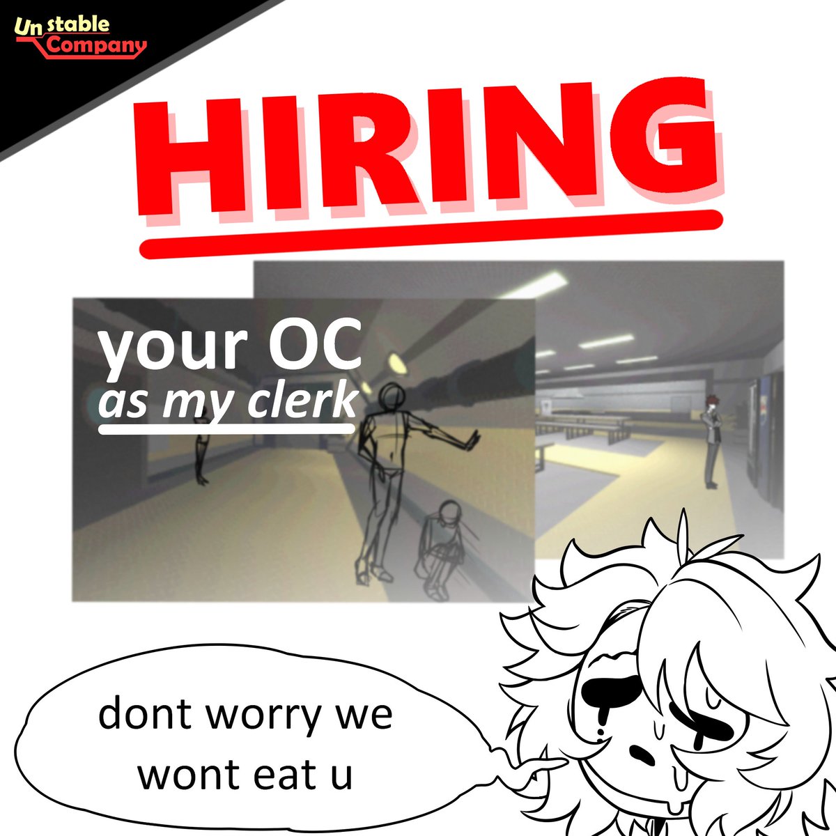 4uazx's tweet photo. HIRING YOUR OCs!
Control and Information teams are running low on staff. "We" need YOUR OCs to fill the void in Unstable Company! (check info)

Check out the game to see what you are getting into: https://t.co/hXXfLig3zx

#LobotomyCorporation #ProjectMoon #UnstableCompany #OC https://t.co/gVLi0z2WiZ