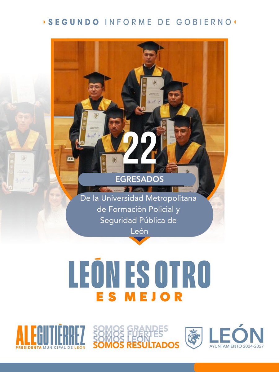 Seguridad_Leon's tweet photo. 🎓 León es otro con una Policía más preparada, es mejor con agentes más capacitados para proteger y servir.
👮♂️La primera generación de la Licenciatura en Derecho con Enfoque en Seguridad Pública egresó con 22 universitarios,
#SomosResultados
#SomosTrabajo
#2InformeAle https://t.co/r3V3q93Zf6