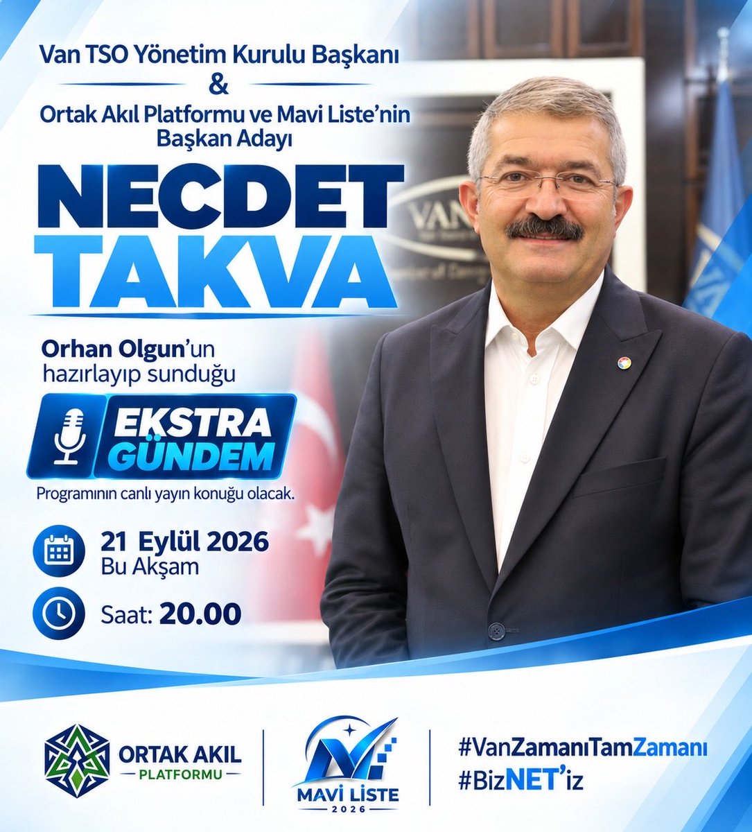 Murathavuz65's tweet photo. Van için söz söyleme, birlikte üretme ve ortak akılla yol yürüme zamanı…

Tecrübe, istişare ve güçlü bir gelecek vizyonuyla; Van’ın ticaret ve sanayi hayatına dair düşüncelerimizi konuşuyoruz.

Bu akşam 20.00’de, Necdet Takva’nın konuk olacağı Ekstra Gündem canlı yayınını takip ediyoruz.

Van Zamanı, Tam Zamanı. 💙
Biz NET’iz!

#VanZamanıTamZamanı #BizNetiz #OrtakAkıl #OrtakAkılPlatformu #MaviListe #NecdetTakva #VanTSO #VanTicaret #GüçlüVan #24Ekim #Seçim #Van #Keşfet