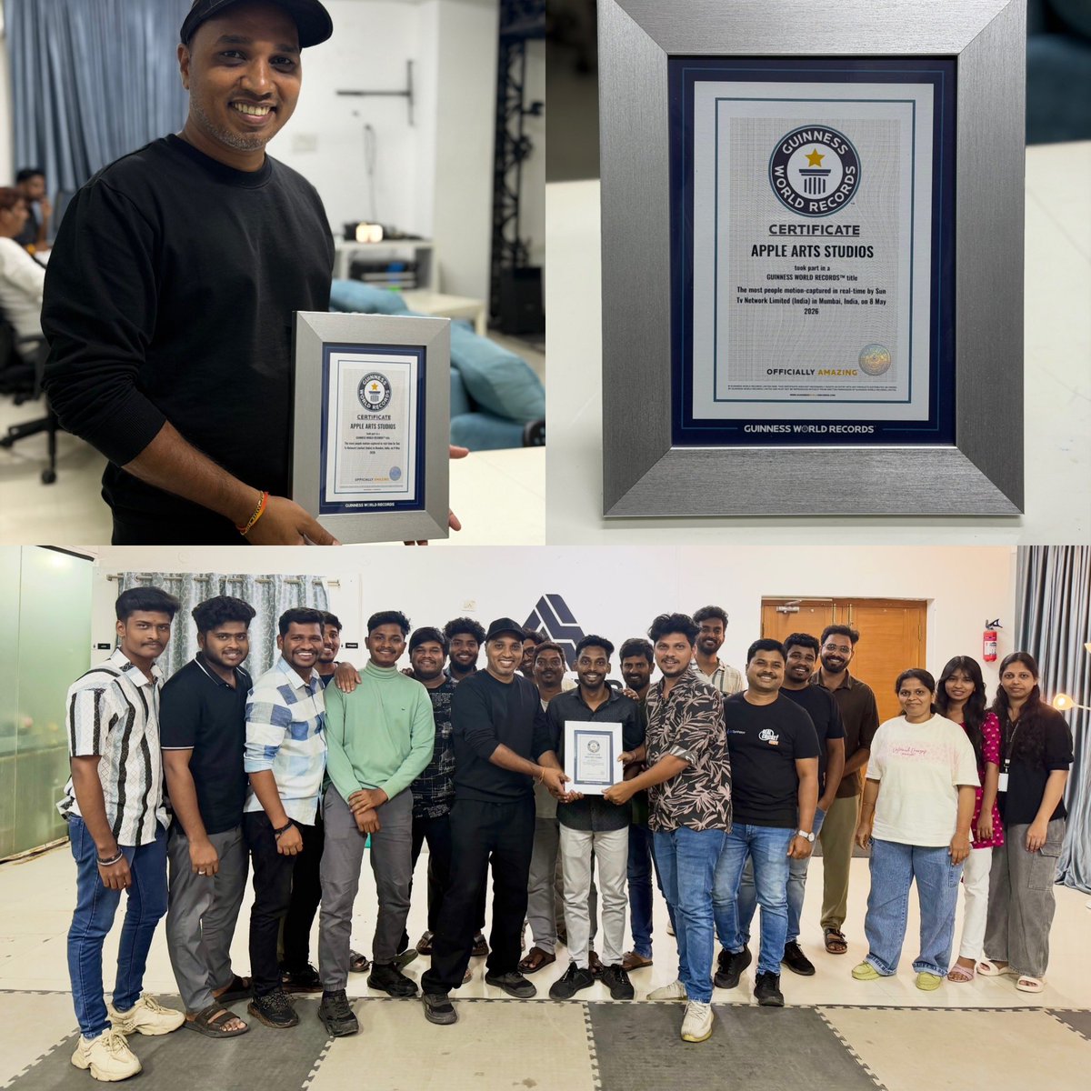 AppleArtsStudio's tweet photo. We built it. We captured it. We made history.

Celebrating with the incredible Apple Arts Studios team after achieving the Guinness World Record for Most People Motion-Captured in Real-Time — 37 performers.

This record belongs to every one of you.

#AppleArtsStudios #Mocap #MotionCapture #GuinnessWorldRecords #Raaka