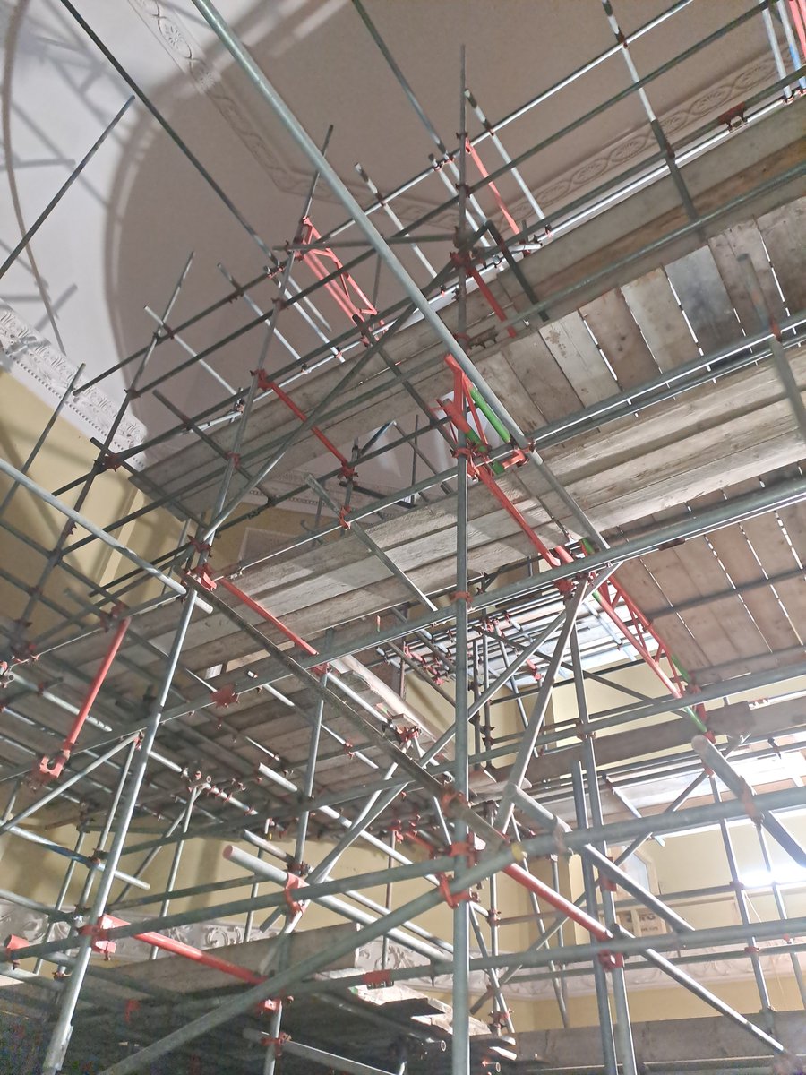 NTAssemblyRooms's tweet photo. Did you see the post about some very large windows last week? 🪟

Well if you weren't sure which room they're going in, the answer is the Great Octagon. Scaffolding is now at window height, so it won't be long until the windows are installed. 

#ProjectWork #Scaffolding https://t.co/djqtn3yBIU