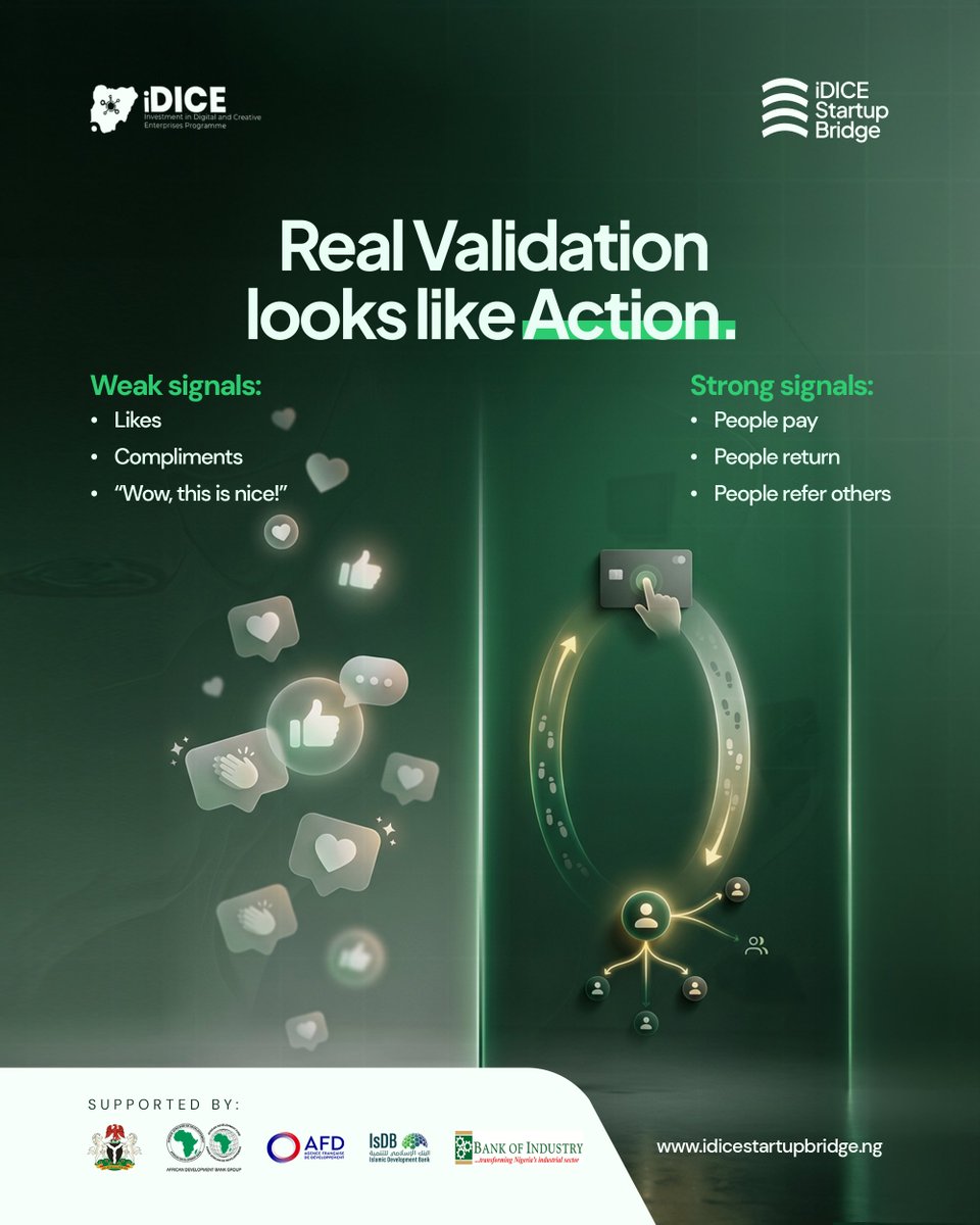 iDICEStartup's tweet photo. The strongest signal is simple:
People paying.
People coming back.
People telling others about your product.

Validation is not praise. Validation is behaviour.
Those are stronger signals than likes, compliments, or a quick “Wow, this is nice!”

For founders, the goal isn’t just to be liked. 

Build something people choose to use.
#iDICEStartupBridge #FoundersLab #growthlab #StartupValidation #BuildInPublic #Entrepreneurship #BuildInNigeria #StartupJourney