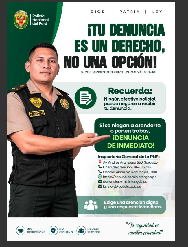 FPVRAEMOFICIAL's tweet photo. 🚨 ¡TU DENUNCIA ES UN DERECHO! 🇵🇪

Ningún efectivo policial puede negarse a recibir tu denuncia ni poner trabas. Si ocurre, ¡DENUNCIA DE INMEDIATO! 📢

🛡️ Tu voz cuenta. Tu denuncia importa.

#PNP #Denuncia #Transparencia #VRAEM https://t.co/L1WmK2zgAD