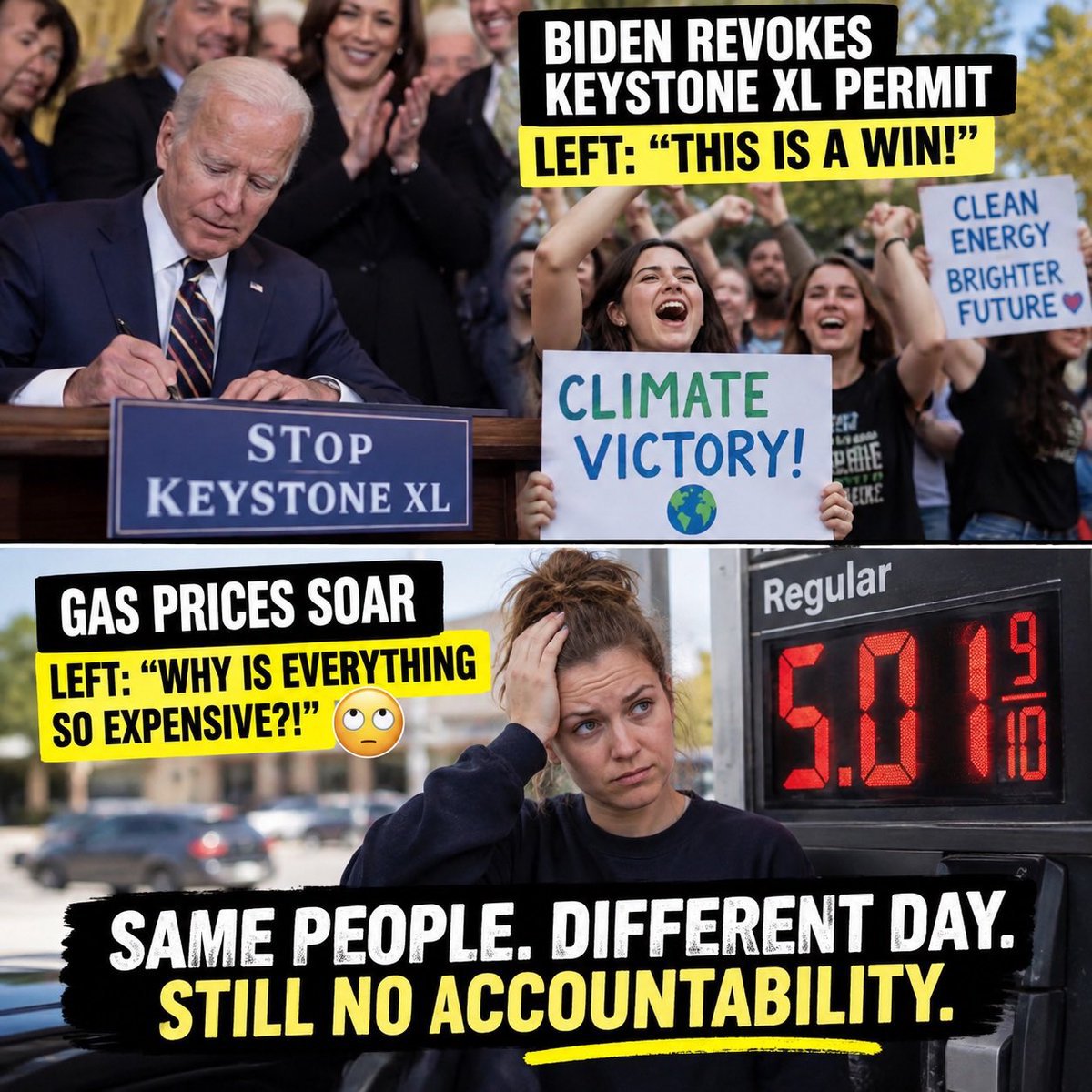 MAGAIwr5's tweet photo. Funny how fast the tune changes.

Biden revoked the Keystone XL permit on day one, and plenty of people on the left celebrated it. 

Now gas prices go up and suddenly everybody wants to know why energy costs so damn much.

Come on, man. People remember this stuff. https://t.co/w8DcLc2DYo