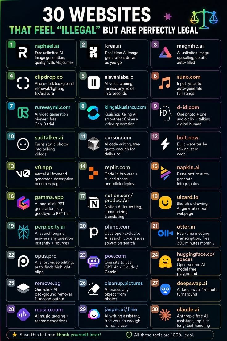 maxpostingx's tweet photo. 30 Websites That Feel Illegal But Are Perfectly Legal  🚀

1. https://t.co/neptO54AWC - Free unlimited AI image generation, quality rivals Midjourney[span_0](start_span)[span_0](end_span)
🔗 https://t.co/5QiGuItBgk

2. https://t.co/bMTF3Z0q7j - Real-time AI image generation, draws as you go[span_1](start_span)[span_1](end_span)
🔗 https://t.co/E1xgMbb6zf

3. https://t.co/RfWCUwFtxa - AI unlimited image upscaling, details auto-filled[span_2](start_span)[span_2](end_span)
🔗 https://t.co/ikeFZZYind

4. https://t.co/mZHjSoTE9s - AI one-click background removal/lighting fix/erasure[span_3](start_span)[span_3](end_span)
🔗 https://t.co/kvwW7Y1F97

5. https://t.co/NkKPWeBYiU - AI voice cloning, mimics any voice in 5 seconds[span_4](start_span)[span_4](end_span)
🔗 https://t.co/FxBIxm4ore

6. https://t.co/6nvpIQmuXE - Input lyrics to auto-generate full songs[span_5](start_span)[span_5](end_span)
🔗 https://t.co/pCIuS7pjE2

7. https://t.co/bA5jZ0ELnb - AI video generation pioneer, free Gen-3 trial[span_6](start_span)[span_6](end_span)
🔗 https://t.co/S07qzASBLj

8. https://t.co/ANJZ2vnDsF - Kuaishou Keling AI, smoothest Chinese video generation[span_7](start_span)[span_7](end_span)
🔗 https://t.co/jq8E1UrBjR

9. https://t.co/Mk4mMgA9nN - One photo + one audio clip = talking digital human[span_8](start_span)[span_8](end_span)
🔗 https://t.co/Cwj2YCBAGs

10. https://t.co/0koTrjKIYR - Turns static photos into talking videos[span_9](start_span)[span_9](end_span)
🔗 https://t.co/CFPVZrxwYu

11. https://t.co/dksc0pUHXC - AI code writing, free quota enough for daily use[span_10](start_span)[span_10](end_span)
🔗 https://t.co/vHeTkuBSSY

12. https://t.co/DGTSUsE973 - Build websites by talking, zero code[span_11](start_span)[span_11](end_span)
🔗 https://t.co/xpOrU3mMEN

13. https://t.co/E4oUbQ9yK6 - Vercel AI frontend generator, description becomes page[span_12](start_span)[span_12](end_span)
🔗 https://t.co/aNzcTn7rDF

14. https://t.co/qZx7FoRFNC - Code in browser + AI assistance + one-click deploy[span_13](start_span)[span_13](end_span)
🔗 https://t.co/Pu4iOYsopR

15. https://t.co/Rcz01ZAE0Z - Paste text to auto-generate infographics[span_14](start_span)[span_14](end_span)
🔗 https://t.co/xZmilNCI8Y