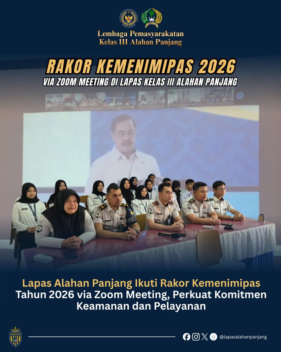 prisonalpan's tweet photo. Lapas Kelas III Alahan Panjang mengikuti Rakor Kemenimipas Tahun 2026 melalui Zoom Meeting. 💻🤝

Rakor menjadi sarana penguatan koordinasi dan arahan strategis untuk memperkuat keamanan, ketertiban, serta meningkatkan kualitas pelayanan Pemasyarakatan. https://t.co/ZHx3SgJIOq
