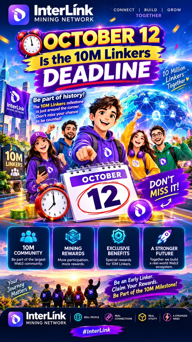 SagarArjun45455's tweet photo. ⏰ October 12 Is the 10M Linkers Deadline
Writing
October 12 is the stated deadline associated with the 10M Linkers campaign. ⏰ If you are participating, review the latest official information and complete applicable requirements
#InterLink #October12 #10MLinkers #ITL #ITLG #KYC https://t.co/puxCR3NUnW