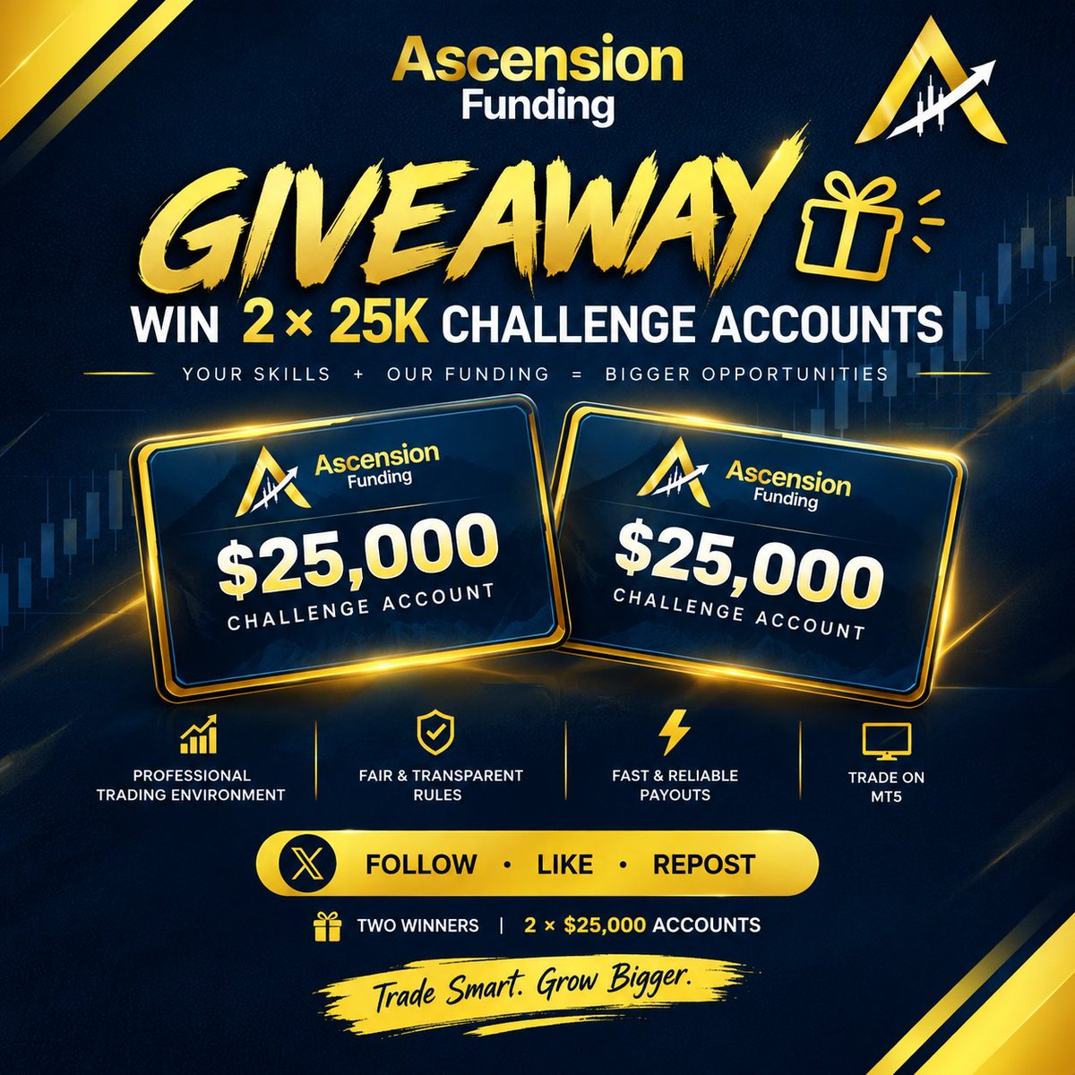 fundedchemist's tweet photo. Giveaway Time🎉

2×25K challenge with @AscensionFundin 

Rules to follow

🔸️Follow @AscensionFundin 
@fundedchemist 

🔸️Comment why you deserve to win this giveaway?

🔸️Like and Repost this giveaway

🔸️Tag 3 trader friends 

🔸️Stay active https://t.co/UK1SYT5QI1