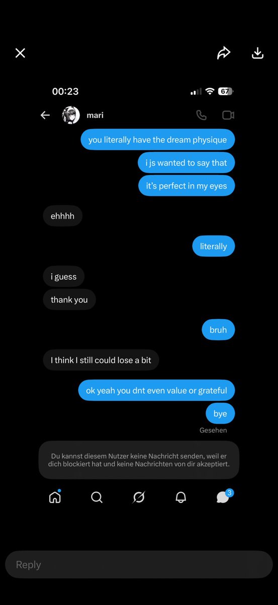 tallntiny10's tweet photo. You’re a “man” that thinks a compliment needs praise. No one needs to value your opinion on their body, or be grateful of your compliment. 

It wasn’t backhanded, but the last reply “ok yeah you dnt even value or grateful. Bye” like are you mildly stupid or just fully retarded ? https://t.co/lUpFjonQVG