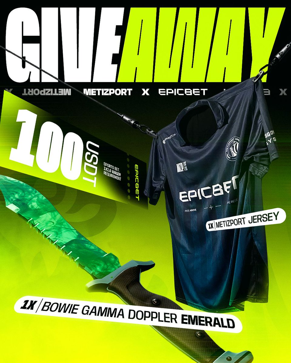 MetizportCS's tweet photo. GIVEAWAY TIME!!!

We are giving away 
- 100 USDT
- 1 MZP Jersey
- 1 Bowie Gamma Doppler Emerald!

How to enter?
- Comment and repost this post 
- Follow us and @Epicbet1x2 https://t.co/UjCCuUn4HD