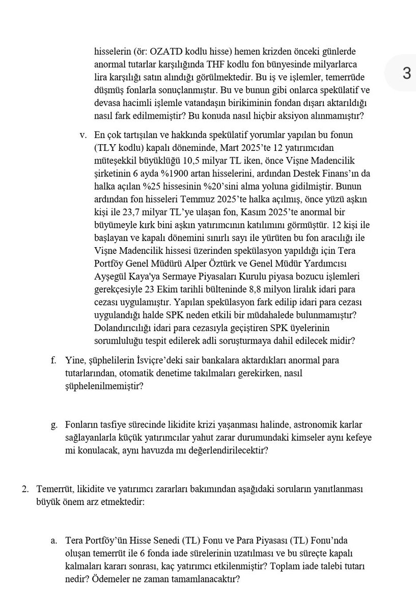 bahadir_ozgr's tweet photo. TİP Milletvekili Ahmet Şık, fon vurgunu ile ilgili soru önergesi verdi.

Şık şöyle sordu:

"Akın Gürlek, Hasan Doğan, Batuhan Mumcu, Mehmet Ali Çelebi, Hüseyin Emre Sezer, Alper Özbilen gibi isimlerin de kendileri veya yakınları aracılığı ile bu fonun kapalı dönemine dahil oldukları öne sürülmektedir. Bahse konu eylem ve işlemlerin, yatırımcı olduğu öne sürülen bu kimselerin siyasi nüfuzuna dayalı olarak gerçekleştirilmiş olma ihtimali bulunmakta mıdır?"